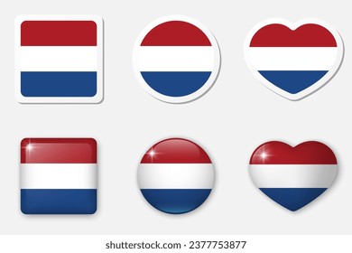 Flag of Netherlands icons collection. Flat stickers and 3d realistic glass vector elements on white background with shadow underneath.