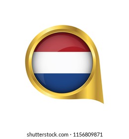 Flag of Netherlands, location map pin, pointer flag Netherlands, button gold, Icon country . Vector Illustration EPS10.