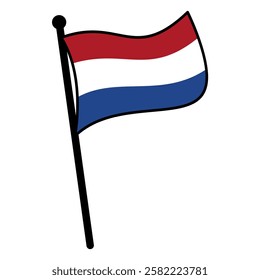 Flag of the Netherlands on a flagstaff. The Netherlands' country flag with a pole stand icon in flat style, pennants fluttering in the wind. Editable, scalable vector EPS design