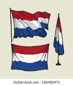 Flag of Netherlands on the wind and on the wall - vector illustration set