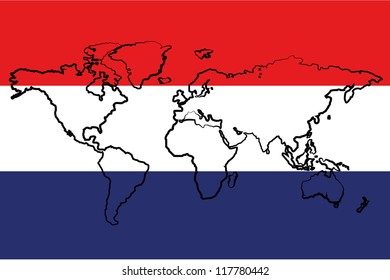 The flag of Netherlands with the outline of the world
