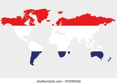 The flag of Netherlands in the outline of the world