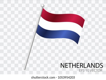 Flag of NETHERLANDS with flag pole waving in wind.Vector illustration