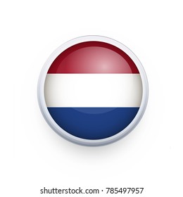 Flag of Netherlands as round glossy icon. Button with Netherlands flag. National flag for country of Netherlands isolated, banner vector illustration. Vector illustration eps10.