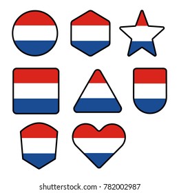 Flag of Netherlands in the shape of Button, Hexagon, Star, 
Rectangle, Triangle, Shield, Heart,  Flat Style

