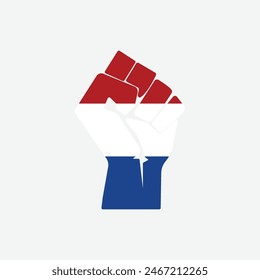 Flag of Netherlands in the shape of raised hand sign isolated on background. Fist symbol modern, simple, vector, icon for website design, mobile app, ui. Vector Illustration