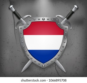 Flag of Netherlands. The Shield with National Flag. Two Crossed Swords. Vector Medieval Background