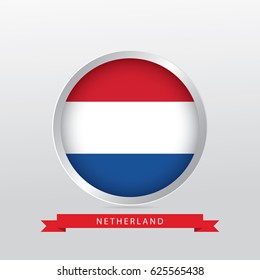 Flag of Netherlands in shiny circle with red ribbon on gradient gray background.