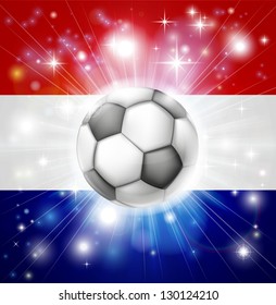 Flag of the Netherlands soccer background with pyrotechnic or light burst and soccer football ball in the centre