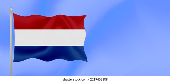 Flag of Netherlands waving against the blue sky. Horizontal banner design with Netherlands flag with copy space. Vector illustration
