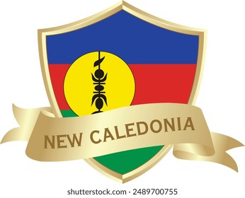 Flag of new caledonia as around the metal gold shield with new caledonia flag