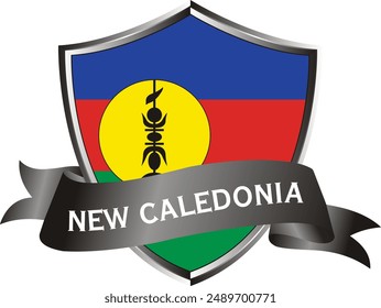 Flag of new caledonia as around the metal silver shield with new caledonia flag