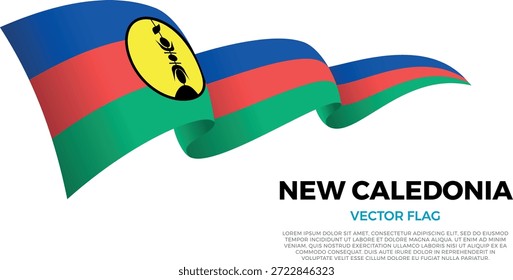 Flag of New Caledonia. New Caledonian and Austral Culture. Set against a clean white background with country name and copy space. A shining vector flag rendered in three layers that create a dynamic waving effect with realistic shadows and gradients. The elegant curves and realistic shading create a sense of motion, making it ideal for official themes, international projects, travel materials and cultural presentations