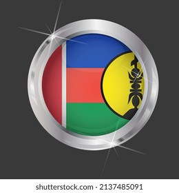 Flag of New Caledonia in circle. 3D effect. Glossy and shiny button with metal frame and sparkles. Light reflection. Round Graphic design element. Isolated on gray background. Vector image EPS10