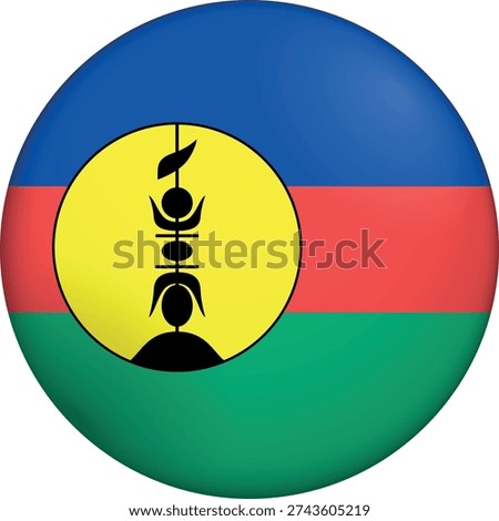 Flag of New Caledonia. Glossy circular flag. Button appearance. 3D Icon Design with depth. Professional, tactile look. Perfect for representing national identity in digital interfaces and perfect for websites