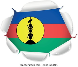 Flag of New Caledonia. Flag Revealed Through Torn Paper Hole with Realistic Curled Edges over a transparent background. The ripped edges curl outward with realistic shadows and depth, creating a striking reveal effect