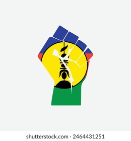 Flag of New Caledonia in the shape of raised hand sign isolated on background. Fist symbol modern, simple, vector, icon for website design, mobile app, ui. Vector Illustration