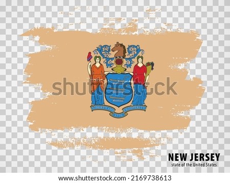 Flag of New Jersey from brush strokes. United States of America.  Flag State of New Jersey with title on transparent background for your web site design, app, UI. USA. Vector illustration. EPS10.