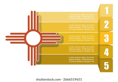 Bandera del Nuevo estado de México y cinco características u opción de proyecto a seleccionar. Ilustración infográfica mínima para visualización de información política y de negocios.