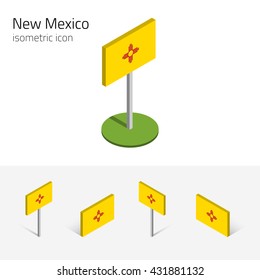Flag of New Mexico (State of New Mexico, USA), vector set of isometric flat icons, 3D style, different views. Editable design element for banner, website, presentation, infographic, card, map. Eps 10