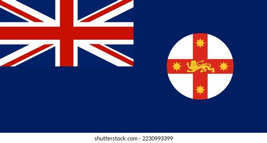 Bandera del disco blanco de Nueva Gales del Sur, NSW (Commonwealth de Australia) con la cruz de San Jorge, guardián de un león dorado en el centro de la cruz, una estrella dorada de ocho puntas en cada brazo