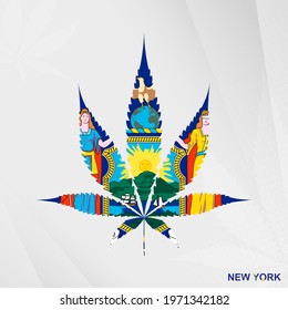 Flag of New York in Marijuana leaf shape. The concept of legalization Cannabis in New York. Medical cannabis illustration.