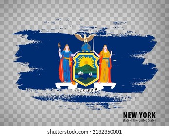 Flag of New York State from brush strokes. United States of America.  Flag State of New York with title on transparent background for your web site design, app, UI. USA. Vector illustration. EPS10.