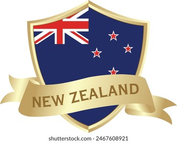 Flag of new zealand as around the metal gold shield with new zealand flag