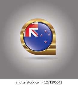 Flag of New Zealand, button with the reflection of light and shadow, gold frame, Icon country. Realistic vector illustration on gray background.