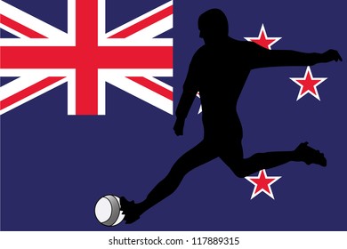 The flag of New Zealand with a football player