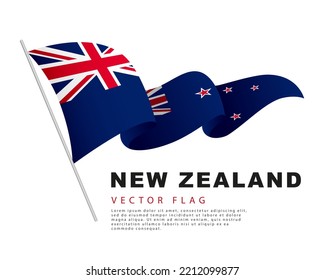 The flag of New Zealand hangs on a flagpole and flutters in the wind. Vector illustration isolated on white background. Colorful New Zealand flag logo.