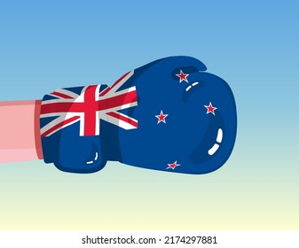 Flag of New Zealand on boxing glove. Confrontation between countries with competitive power. Offensive attitude. Separation of power. Template ready design.