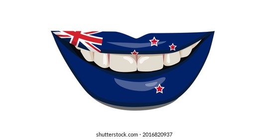 The flag of New Zealand on the lips. A woman's smile with white teeth. Vector illustration.