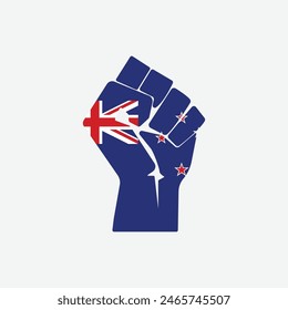 Flag of New Zealand in the shape of raised hand sign isolated on background. Fist symbol modern, simple, vector, icon for website design, mobile app, ui. Vector Illustration