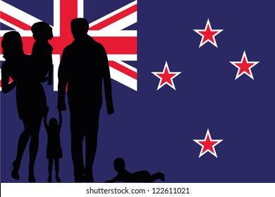 The flag of New Zealand with the silhouette of a family