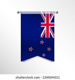 Flag of NEW ZEALAND with texture. Vector banner National Flag Hanging on a Silver Metallic Poles. Vertical 3D Pennant template isolated on a white background. Realistic waving flag triangle. EPS 10