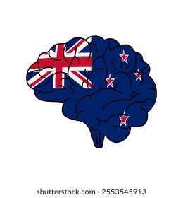 Flag of New Zealand. Vector illustration of a combination of a human brain with a country flag on a white background.