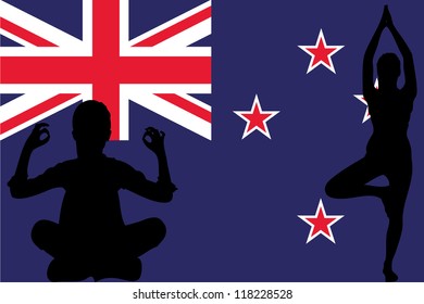 The flag of New Zealand with yoga silhouettes