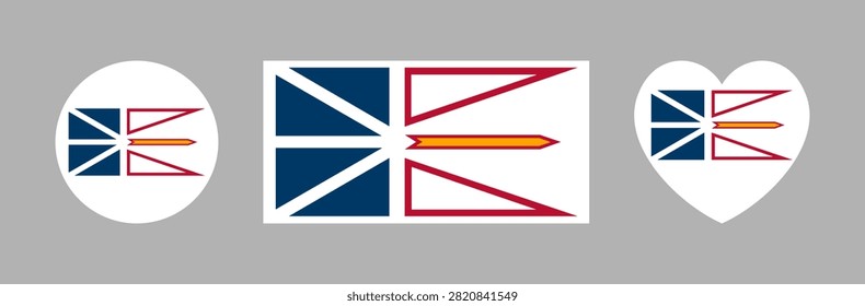 Flag of Newfoundland and Labrador province of Canada sticker, icon set. Canadian province flag heart, circle, rectangle banner. Newfoundland and Labrador flag round, heart, rectangular badge, button.