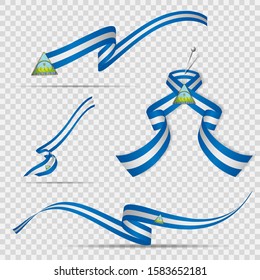 Flag of Nicaragua. 15th of September. Set of realistic wavy ribbons in colors of nicaraguan flag on transparent background. Coat of arms. Independence day. National symbol. Vector illustration.