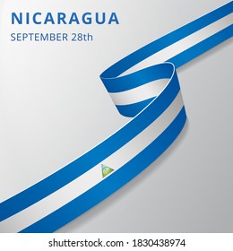 Flag of Nicaragua. 28th of September. Vector illustration. Wavy ribbon on gray background. Independence day. National symbol