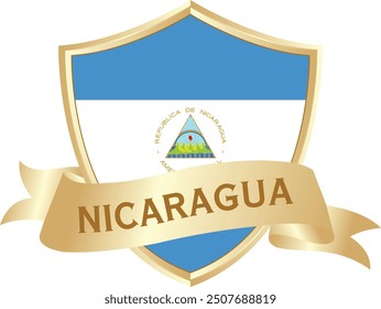 Flag of Nicaragua as around the metal gold shield with Nicaragua flag