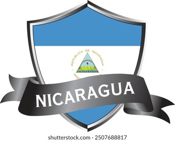 Flag of Nicaragua as around the metal silver shield with Nicaragua flag