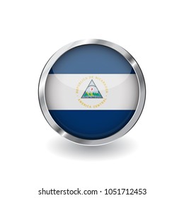 Flag of nicaragua, button with metal frame and shadow. nicaragua flag vector icon, badge with glossy effect and metallic border. Realistic vector illustration on white background.