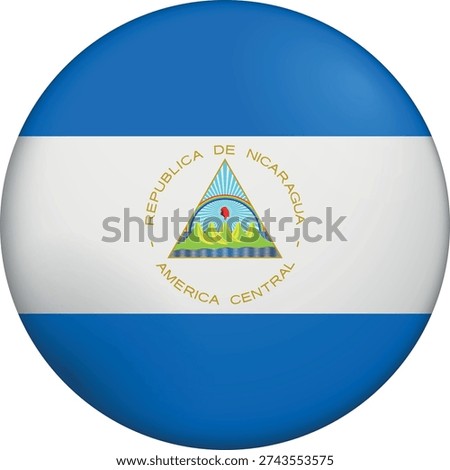 Flag of Nicaragua. Glossy circular flag. Button appearance. 3D Icon Design with depth. Professional, tactile look. Perfect for representing national identity in digital interfaces and perfect for websites