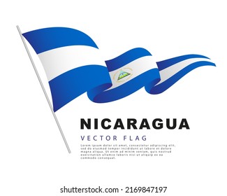 The flag of Nicaragua hangs on a flagpole and flutters in the wind. Vector illustration isolated on white background. Colorful logo of the Nicaragua flag.