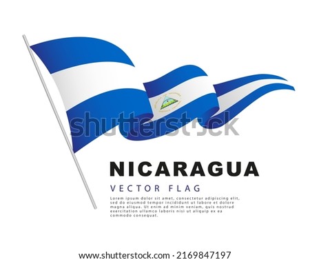 The flag of Nicaragua hangs on a flagpole and flutters in the wind. Vector illustration isolated on white background. Colorful logo of the Nicaragua flag.