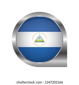 Flag of Nicaragua., location map pin, pointer flag, button with the reflection of light and shadow, silver frame, Icon country. Realistic vector illustration on white background.