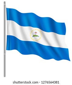 Flag of Nicaragua with flag pole waving in wind. Vector illustration