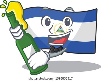Flag nicaragua Scroll with bottle of beer mascot cartoon style